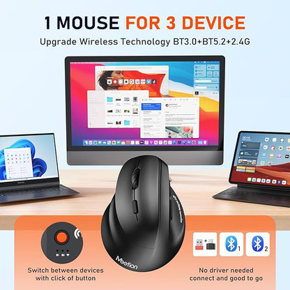 MEETION Left - Handed Ergonomic Mouse, Wireless Vertical RGB Rechargeable Mouse, Bluetooth(5.2 + 3.0) & USB - A with USB - C Adapter 4 Adjustable DPI Mice for Mac/Windows/PC/Tablet/iPad Black | Mice - TrueDesk