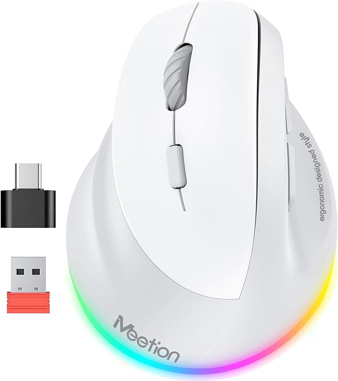 MEETION Left - Handed Mouse, Ergonomic Mouse Wireless Vertical Mouse, RGB Mice for Bluetooth(5.2 + 3.0) & USB - A with Type - c Adapter 4 Adjustable DPI for Mac/Windows/PC/Tablet/iPad Gray | Mice - TrueDesk