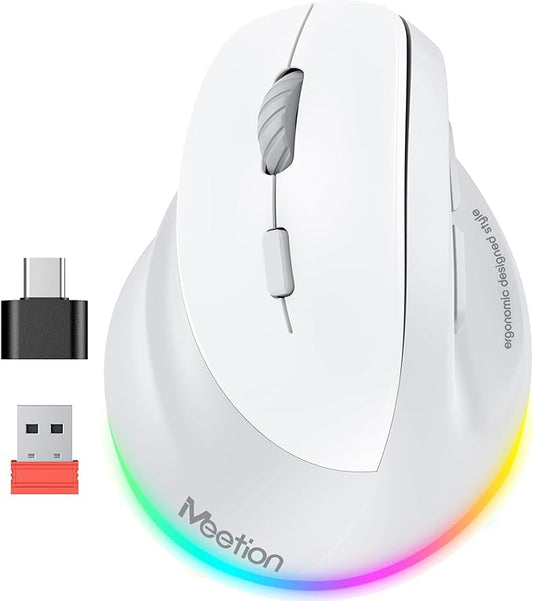 MEETION Left - Handed Mouse, Ergonomic Mouse Wireless Vertical Mouse, RGB Mice for Bluetooth(5.2 + 3.0) & USB - A with Type - c Adapter 4 Adjustable DPI for Mac/Windows/PC/Tablet/iPad Gray | Mice - TrueDesk