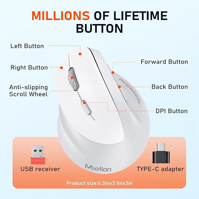 MEETION Left - Handed Mouse, Ergonomic Mouse Wireless Vertical Mouse, RGB Mice for Bluetooth(5.2 + 3.0) & USB - A with Type - c Adapter 4 Adjustable DPI for Mac/Windows/PC/Tablet/iPad Gray | Mice - TrueDesk