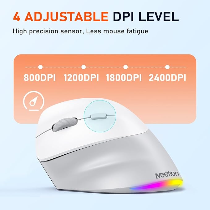 MEETION Left - Handed Mouse, Ergonomic Mouse Wireless Vertical Mouse, RGB Mice for Bluetooth(5.2 + 3.0) & USB - A with Type - c Adapter 4 Adjustable DPI for Mac/Windows/PC/Tablet/iPad Gray | Mice - TrueDesk