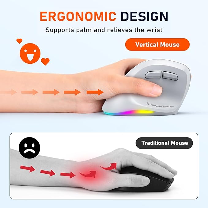 MEETION Left - Handed Mouse, Ergonomic Mouse Wireless Vertical Mouse, RGB Mice for Bluetooth(5.2 + 3.0) & USB - A with Type - c Adapter 4 Adjustable DPI for Mac/Windows/PC/Tablet/iPad Gray | Mice - TrueDesk