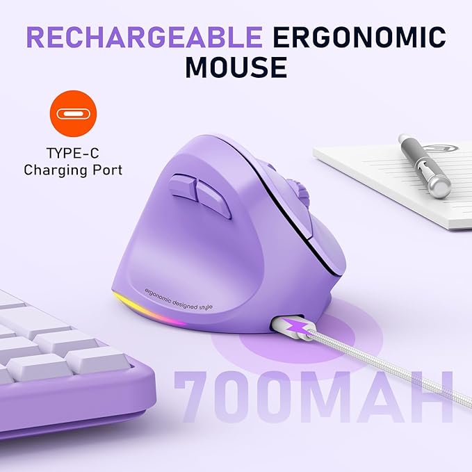 MEETION Left - Handed Mouse, Ergonomic Mouse Wireless Vertical Mouse, RGB Rechargeable Mice for Bluetooth(5.2 + 3.0) & USB - A with Type - c Adapter 4 Adjustable DPI for Mac/Windows/PC/Tablet/iPad Purple | Mice - TrueDesk