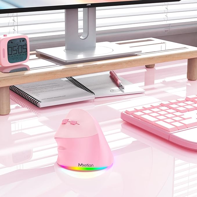 MEETION Left - Handed Mouse, Ergonomic Mouse Wireless Vertical Mouse, RGB Rechargeable Mice for Bluetooth(5.2 + 3.0) & USB - A with Type - c Adapter 4 Adjustable DPI for Mac/Windows/PC/Tablet/iPad Pink | Mice - TrueDesk
