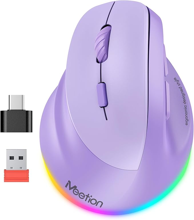 MEETION Left - Handed Mouse, Ergonomic Mouse Wireless Vertical Mouse, RGB Rechargeable Mice for Bluetooth(5.2 + 3.0) & USB - A with Type - c Adapter 4 Adjustable DPI for Mac/Windows/PC/Tablet/iPad Purple | Mice - TrueDesk