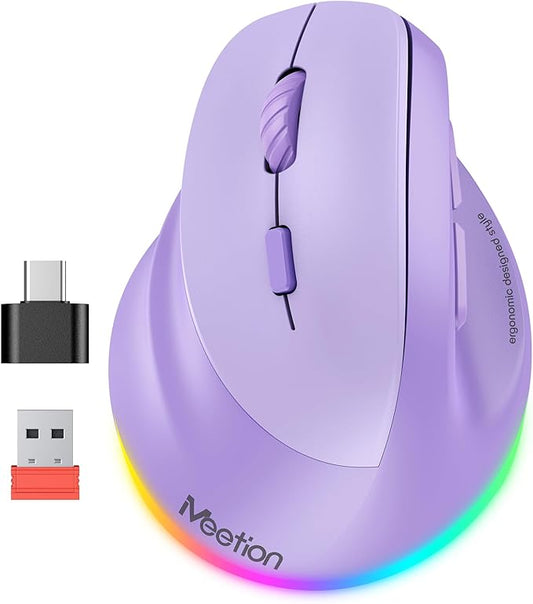 MEETION Left - Handed Mouse, Ergonomic Mouse Wireless Vertical Mouse, RGB Rechargeable Mice for Bluetooth(5.2 + 3.0) & USB - A with Type - c Adapter 4 Adjustable DPI for Mac/Windows/PC/Tablet/iPad Purple | Mice - TrueDesk