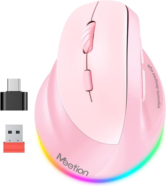 MEETION Left - Handed Mouse, Ergonomic Mouse Wireless Vertical Mouse, RGB Rechargeable Mice for Bluetooth(5.2 + 3.0) & USB - A with Type - c Adapter 4 Adjustable DPI for Mac/Windows/PC/Tablet/iPad Pink | Mice - TrueDesk