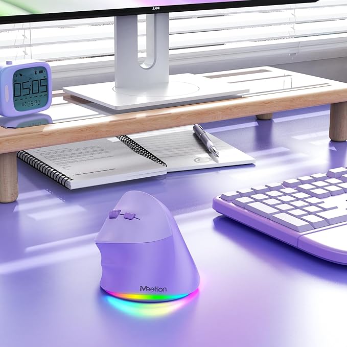 MEETION Left - Handed Mouse, Ergonomic Mouse Wireless Vertical Mouse, RGB Rechargeable Mice for Bluetooth(5.2 + 3.0) & USB - A with Type - c Adapter 4 Adjustable DPI for Mac/Windows/PC/Tablet/iPad Purple | Mice - TrueDesk