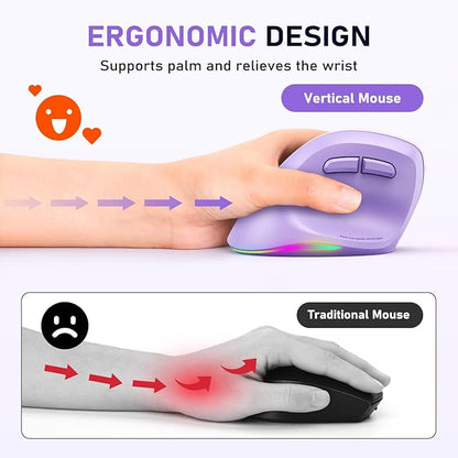 MEETION Left - Handed Mouse, Ergonomic Mouse Wireless Vertical Mouse, RGB Rechargeable Mice for Bluetooth(5.2 + 3.0) & USB - A with Type - c Adapter 4 Adjustable DPI for Mac/Windows/PC/Tablet/iPad Purple | Mice - TrueDesk