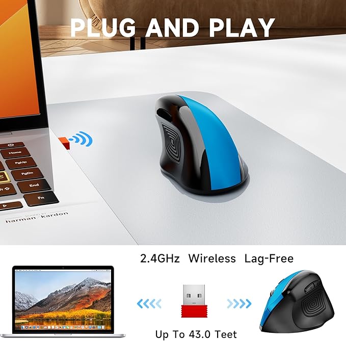 memzuoix Ergonomic Mouse Wireless,2.4G Optical Cordless Mice with 800/1200/1600 DPI,Vertical Computer Wireless Mouse for Laptop, Mac,PC,Desktop (for Right Hand, Large),Blue | Mice - TrueDesk
