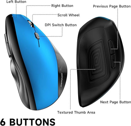 memzuoix Ergonomic Mouse Wireless,2.4G Optical Cordless Mice with 800/1200/1600 DPI,Vertical Computer Wireless Mouse for Laptop, Mac,PC,Desktop (for Right Hand, Large),Blue | Mice - TrueDesk