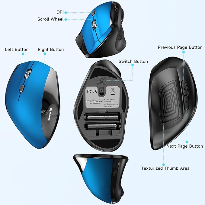 memzuoix Ergonomic Vertical Wireless Mouse - 2.4G Optical Cordless Mice with 3 DPI Levels (800/1200/1600) - Right - Handed Large Size Mouse for Laptop, Mac, PC, Desktop - Blue | Gaming Mice - TrueDesk