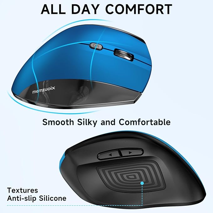 memzuoix Ergonomic Vertical Wireless Mouse - 2.4G Optical Cordless Mice with 3 DPI Levels (800/1200/1600) - Right - Handed Large Size Mouse for Laptop, Mac, PC, Desktop - Blue | Gaming Mice - TrueDesk