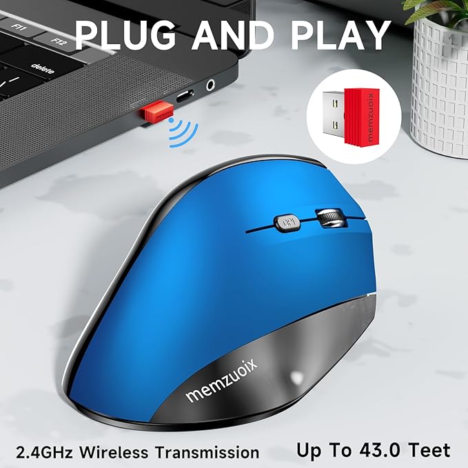 memzuoix Ergonomic Vertical Wireless Mouse - 2.4G Optical Cordless Mice with 3 DPI Levels (800/1200/1600) - Right - Handed Large Size Mouse for Laptop, Mac, PC, Desktop - Blue | Gaming Mice - TrueDesk