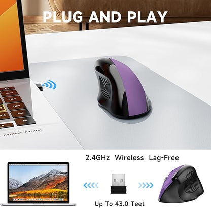 memzuoix Ergonomic Wireless Mouse, 2.4G Optical Cordless, 800/1200/1600 DPI, Vertical Computer Mouse for Laptop, Mac, PC, Desktop (Right Hand, Large) - Purple | Mice - TrueDesk