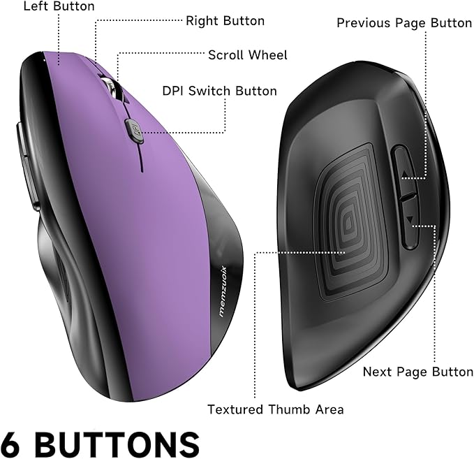 memzuoix Ergonomic Wireless Mouse, 2.4G Optical Cordless, 800/1200/1600 DPI, Vertical Computer Mouse for Laptop, Mac, PC, Desktop (Right Hand, Large) - Purple | Mice - TrueDesk
