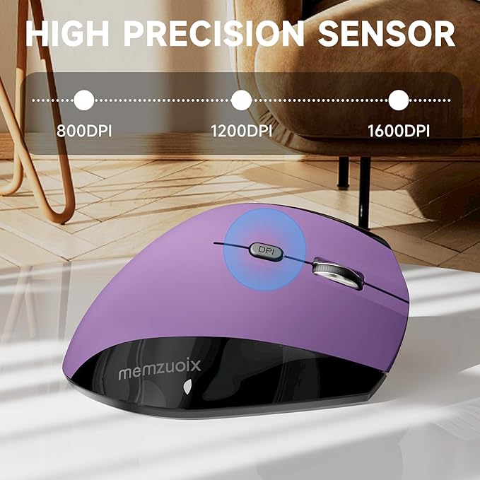 memzuoix Ergonomic Wireless Mouse, 2.4G Optical Cordless, 800/1200/1600 DPI, Vertical Computer Mouse for Laptop, Mac, PC, Desktop (Right Hand, Large) - Purple | Mice - TrueDesk