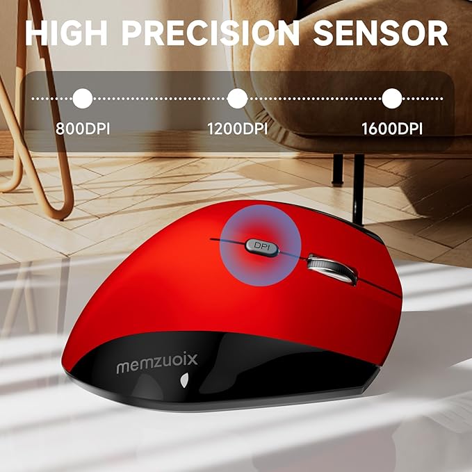 memzuoix Ergonomic Wireless Mouse, 2.4G Optical Cordless, 800/1200/1600 DPI, Vertical Computer Mouse for Laptop, Mac, PC, Desktop (Right Hand, Large) - Red | Mice - TrueDesk
