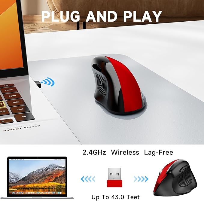 memzuoix Ergonomic Wireless Mouse, 2.4G Optical Cordless, 800/1200/1600 DPI, Vertical Computer Mouse for Laptop, Mac, PC, Desktop (Right Hand, Large) - Red | Mice - TrueDesk