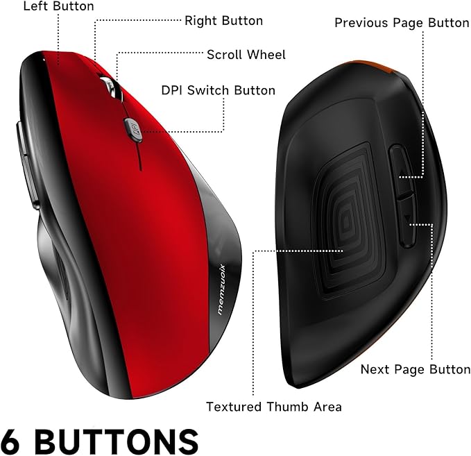 memzuoix Ergonomic Wireless Mouse, 2.4G Optical Cordless, 800/1200/1600 DPI, Vertical Computer Mouse for Laptop, Mac, PC, Desktop (Right Hand, Large) - Red | Mice - TrueDesk