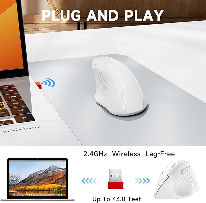 memzuoix Ergonomic Wireless Mouse, 2.4G Optical Cordless, 800/1200/1600 DPI, Vertical Computer Mouse for Laptop, Mac, PC, Desktop (Right Hand, Large) - White | Mice - TrueDesk