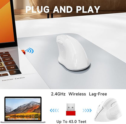 memzuoix Ergonomic Wireless Mouse, 2.4G Optical Cordless, 800/1200/1600 DPI, Vertical Computer Mouse for Laptop, Mac, PC, Desktop (Right Hand, Large) - White | Mice - TrueDesk