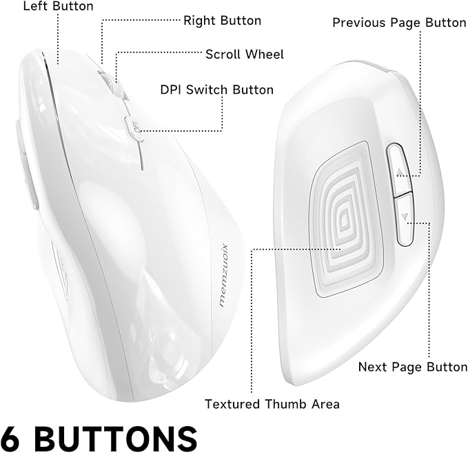 memzuoix Ergonomic Wireless Mouse, 2.4G Optical Cordless, 800/1200/1600 DPI, Vertical Computer Mouse for Laptop, Mac, PC, Desktop (Right Hand, Large) - White | Mice - TrueDesk