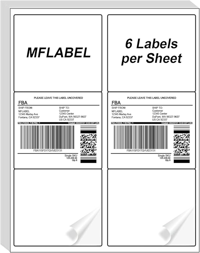 MFLABEL 3 - 1/3" x 4" FBA Shipping Labels - 6 - UP on 8.5x11 Sheet, 100 Sheets (600 Labels) | Easy to Peel & Pop - Out Design for Laser & Inkjet Printers | Address Labels for Amazon FBA, UPS, FedEx | Laser Inkjet Printer Labels - TrueDesk