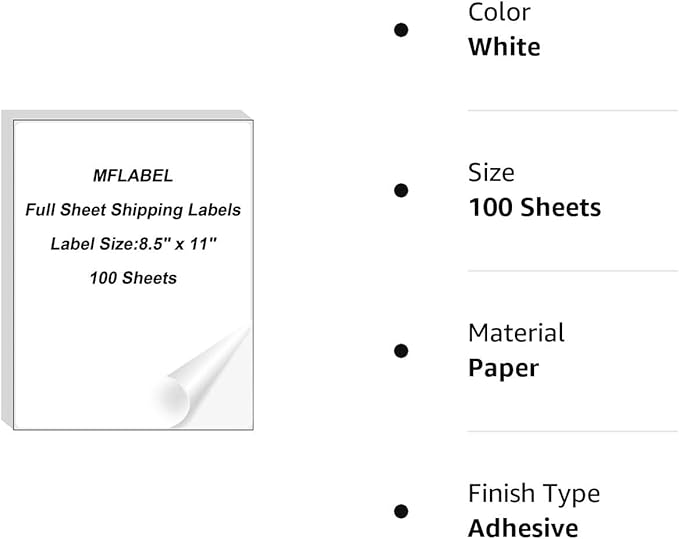 MFLABEL Full Sheet Sticker Label, Address Sticker, White Matte Label Paper, 8 - 1/2" x 11" Shipping Labels for Laser & Inkjet Printer (900 Labels, 900 Sheets) | Laser Inkjet Printer Labels - TrueDesk