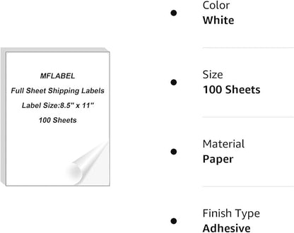 MFLABEL Full Sheet Sticker Label, Address Sticker, White Matte Label Paper, 8 - 1/2" x 11" Shipping Labels for Laser & Inkjet Printer (900 Labels, 900 Sheets) | Laser Inkjet Printer Labels - TrueDesk