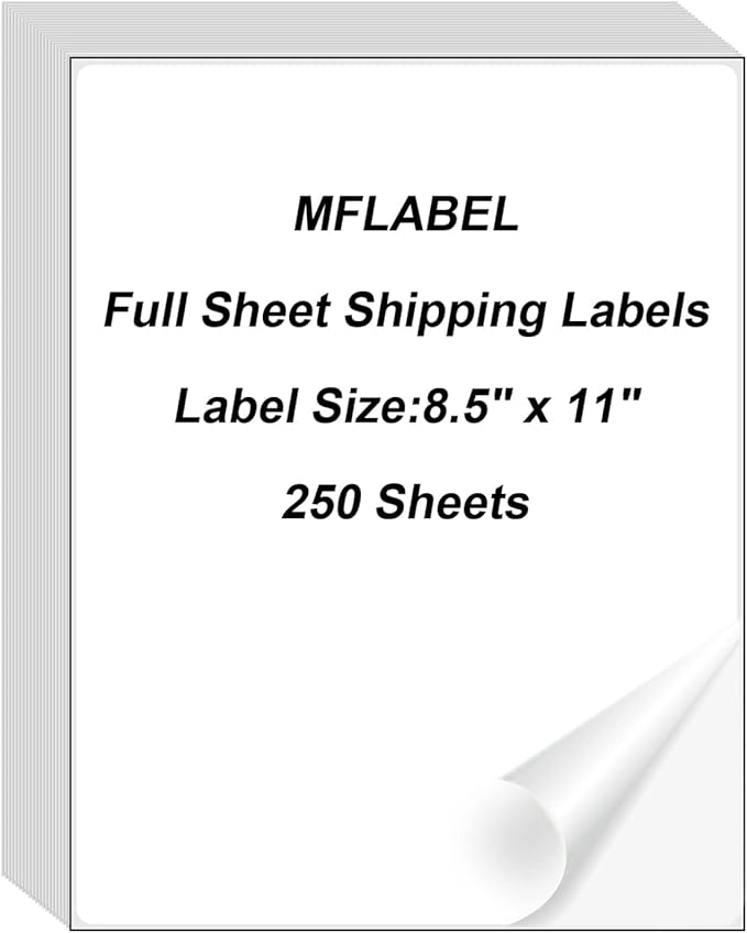 MFLABEL Full Sheet Sticker Labels, Address Labels, White Matte Label Paper, 8 - 1/2" x 11" Shipping Labels for Laser & Inkjet Printer (250 Labels, 250 Sheets) | Laser Inkjet Printer Labels - TrueDesk
