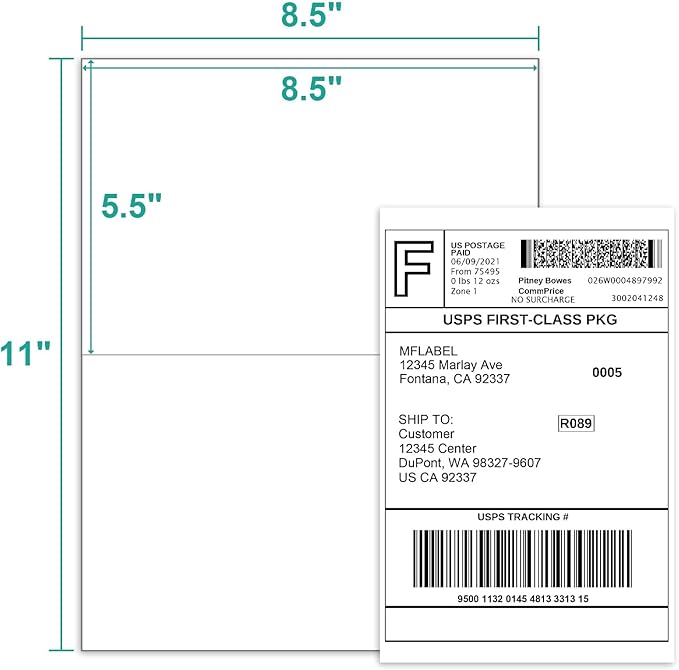 MFLABEL Half Sheet Label Laser/Ink Jet Shipping Label 8.5 x 11 Inches Packaging Labels, Address Labels for Laser & Inkjet Printers, 2500 Count(1250 Sheets) | Laser Inkjet Printer Labels - TrueDesk