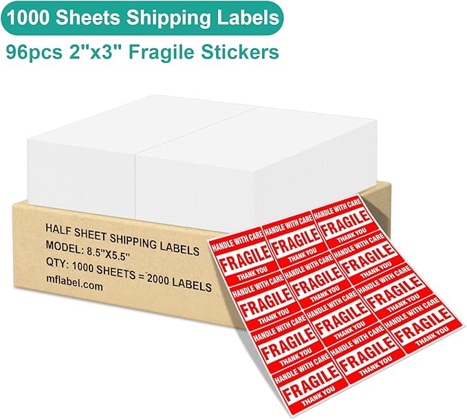 MFLABEL Half Sheet Shipping Labels - 1000 Sheets (2000 Labels) 8.5" x 5.5" Self - Adhesive Address Labels for Laser & Inkjet Printers, Packaging Labels for Shipping Includes Free Fragile Stickers | Laser Inkjet Printer Labels - TrueDesk