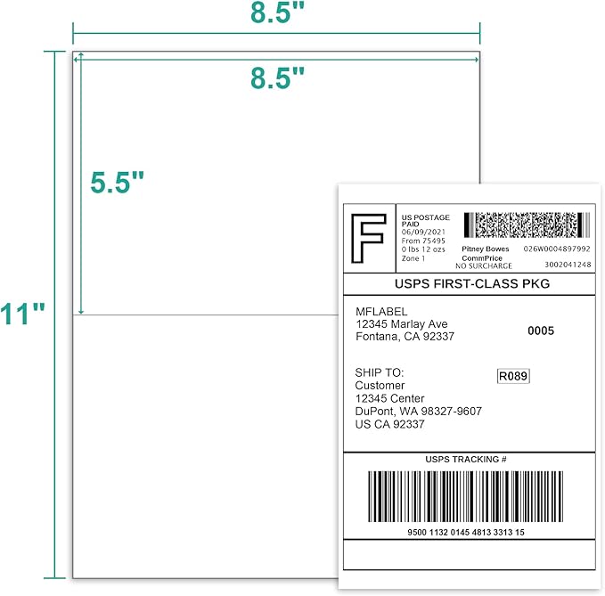 MFLABEL Half Sheet Shipping Labels - 1000 Sheets (2000 Labels) 8.5" x 5.5" Self - Adhesive Address Labels for Laser & Inkjet Printers, Packaging Labels for Shipping Includes Free Fragile Stickers | Laser Inkjet Printer Labels - TrueDesk