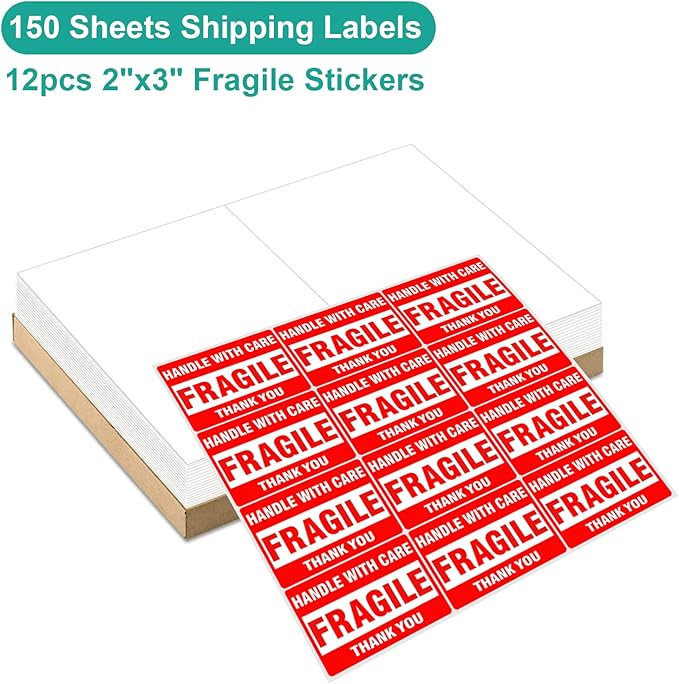 MFLABEL Half Sheet Shipping Labels (8.5" x 11") - 300 Self - Adhesive Labels for Laser/Inkjet Printers | 2 - UP Design for FedEx, UPS, Amazon FBA | Matte Finish No - Jam Labels + 12 Free Fragile Stickers | Laser Inkjet Printer Labels - TrueDesk