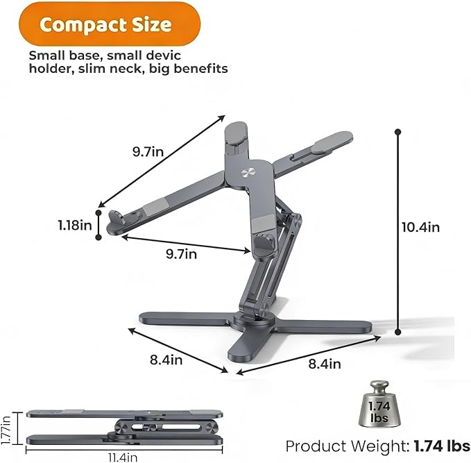 Moallia Laptop Stand with 360 Rotating Base, Computer Notebook Laptop Riser Metal Holder for Desk Collaborative Work, Fully Foldable for Easy Storage, Fits All MacBook, Laptops up to 16 inches, Grey | Stands - TrueDesk