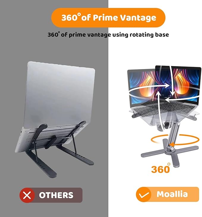 Moallia Laptop Stand with 360 Rotating Base, Computer Notebook Laptop Riser Metal Holder for Desk Collaborative Work, Fully Foldable for Easy Storage, Fits All MacBook, Laptops up to 16 inches, Grey | Stands - TrueDesk