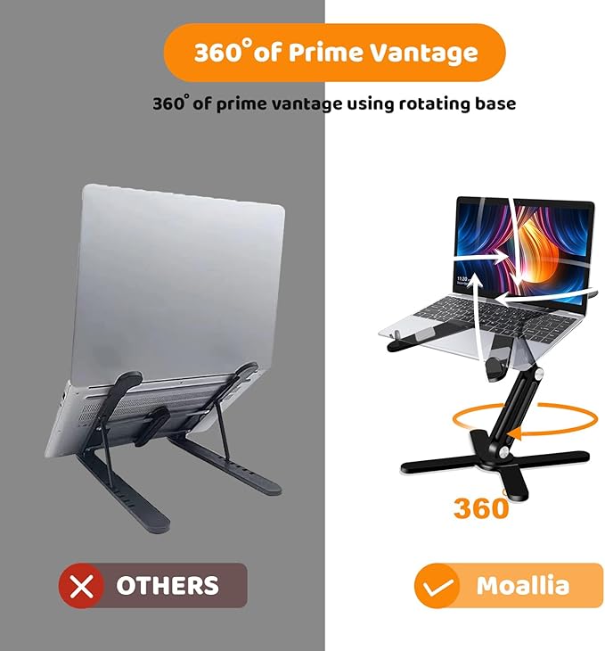 Moallia Laptop Stand with 360 Rotating Base, Computer Notebook Laptop Riser Metal Holder for Desk Collaborative Work, Fully Foldable for Easy Storage, Fits All MacBook, Laptops up to 16 inches, Black | Stands - TrueDesk