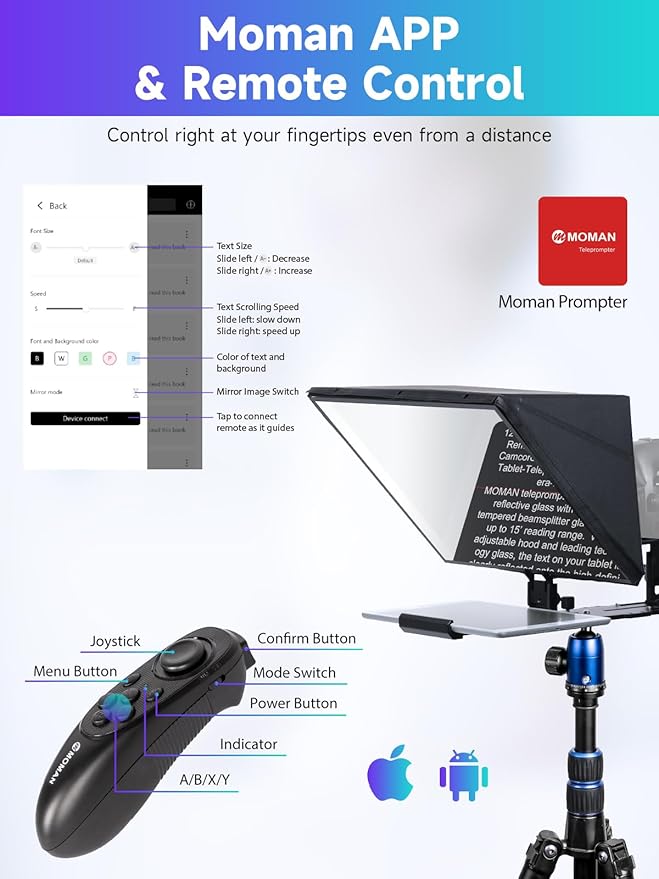 Moman Teleprompter, Metal Prompter iPad Tablets with APP Remote Control for DSLR Camera Camcorder Smartphone Mobile,for Tablets Autocue Camera Prompting,Metal Prompter Kit(MT16 - 1,16inch) | Teleprompters - TrueDesk