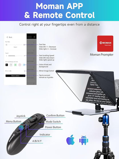Moman Teleprompter, Metal Prompter iPad Tablets with APP Remote Control for DSLR Camera Camcorder Smartphone Mobile,for Tablets Autocue Camera Prompting,Metal Prompter Kit(MT16 - 1,16inch) | Teleprompters - TrueDesk