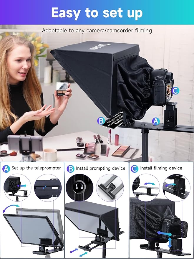Moman Teleprompter, Metal Prompter iPad Tablets with APP Remote Control for DSLR Camera Camcorder Smartphone Mobile,for Tablets Autocue Camera Prompting,Metal Prompter Kit(MT16 - 1,16inch) | Teleprompters - TrueDesk