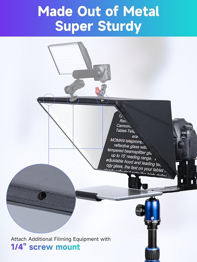 Moman Teleprompter, Metal Prompter iPad Tablets with APP Remote Control for DSLR Camera Camcorder Smartphone Mobile,for Tablets Autocue Camera Prompting,Metal Prompter Kit(MT16 - 1,16inch) | Teleprompters - TrueDesk