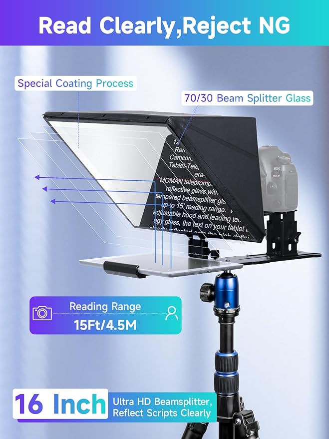Moman Teleprompter, Metal Prompter iPad Tablets with APP Remote Control for DSLR Camera Camcorder Smartphone Mobile,for Tablets Autocue Camera Prompting,Metal Prompter Kit(MT16 - 1,16inch) | Teleprompters - TrueDesk