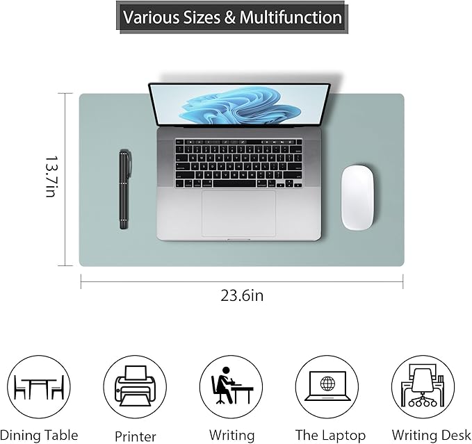 Mouse Pad Desk Protector Mat, Large PU Leather Office Desk Mat, Non - Slip Desk Pad for Keyboard and Mouse, Waterproof Desk Blotter Pad for Writing, Smooth Laptop Desk Pads, Light Teal (13.7''X23.6'') | Mouse Pads - TrueDesk
