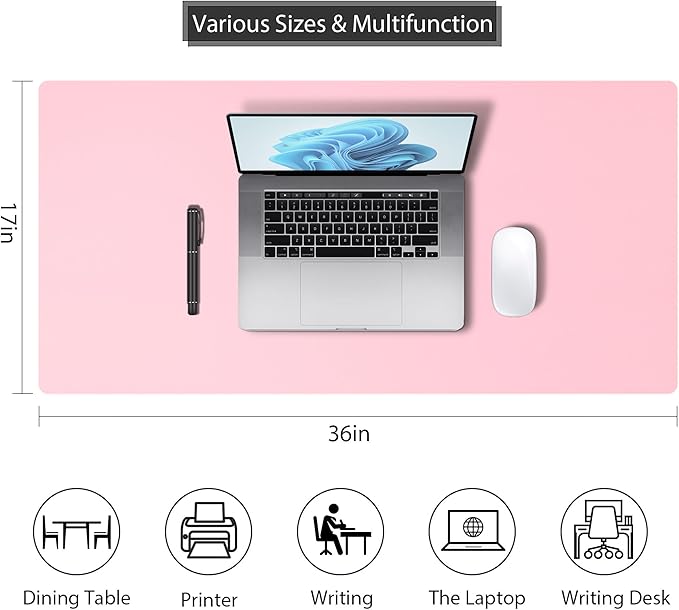Mouse Pad Desk Protector Mat, Large PU Leather Office Desk Mat, Non - Slip Desk Pad for Keyboard and Mouse, Waterproof Desk Blotter Pad for Writing, Wide & Smooth Laptop Desk Pads, Pink (17’’X36’’) | Desk Pads Blotters - TrueDesk