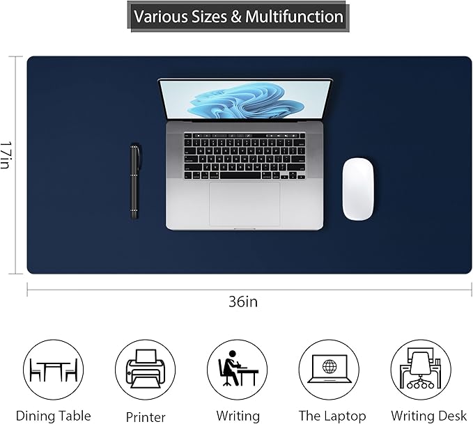 Mouse Pad Desk Protector Mat, Large PU Leather Office Desk Mat, Non - Slip Desk Pad for Keyboard and Mouse, Waterproof Desk Blotter Pad for Writing, Wide & Smooth Laptop Desk Pads, Navy (17’’X36’’) | Desk Pads Blotters - TrueDesk