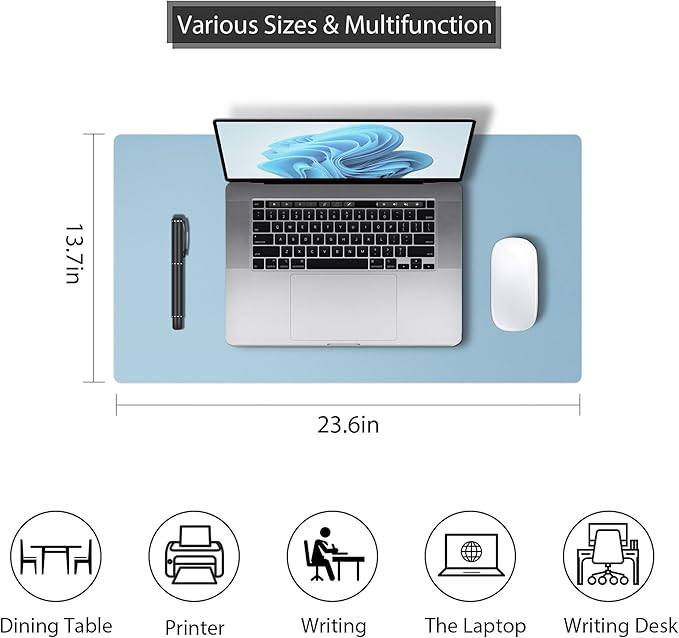 Mouse Pad Desk Protector Mat, Large PU Leather Office Desk Mat, Non - Slip Desk Pad for Keyboard and Mouse, Waterproof Desk Blotter Pad for Writing, Wide & Smooth Laptop Desk Pads, Sky Blue (17’’X36’’) | Desk Pads Blotters - TrueDesk