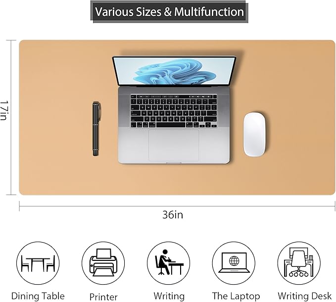 Mouse Pad Desk Protector Mat, Large PU Leather Office Desk Mat, Non - Slip Desk Pad for Keyboard and Mouse, Waterproof Desk Blotter Pad for Writing, Wide & Smooth Laptop Desk Pads, Khaki (17’’X36’’) | Desk Pads Blotters - TrueDesk