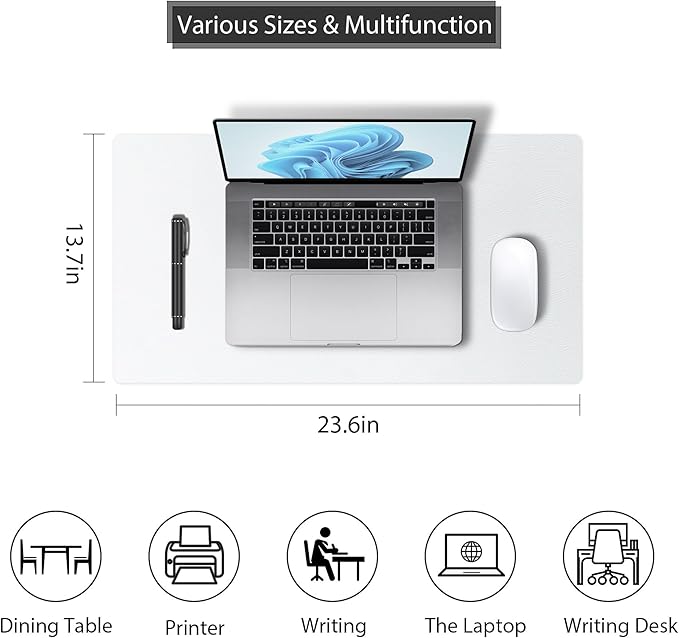 Mouse Pad Large for Desk, PU Leather Desk Pad Protector, Desk Mat Waterproof for Home & Office, Non - Slip Desk Mat for Keyboard and Mouse, Desk Blotter Writing Pad for Desktop, White (13.7''X23.6'') | Desk Pads Blotters - TrueDesk