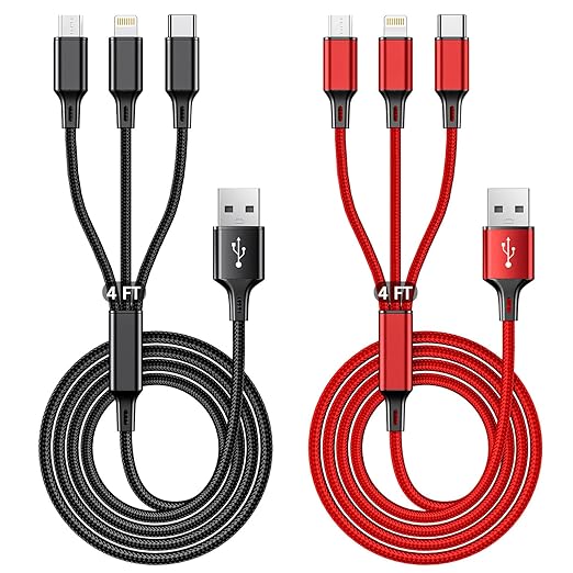 Multi Charging Cable, 4ft 2Pack Multi Phone Charger Cable Braided Universal 3 in 1 Charging Cord Extra Long Multiple USB Cable with USB C, Micro USB Port Connectors for Cell Phones and More（Red+Black) | USB Cables - TrueDesk